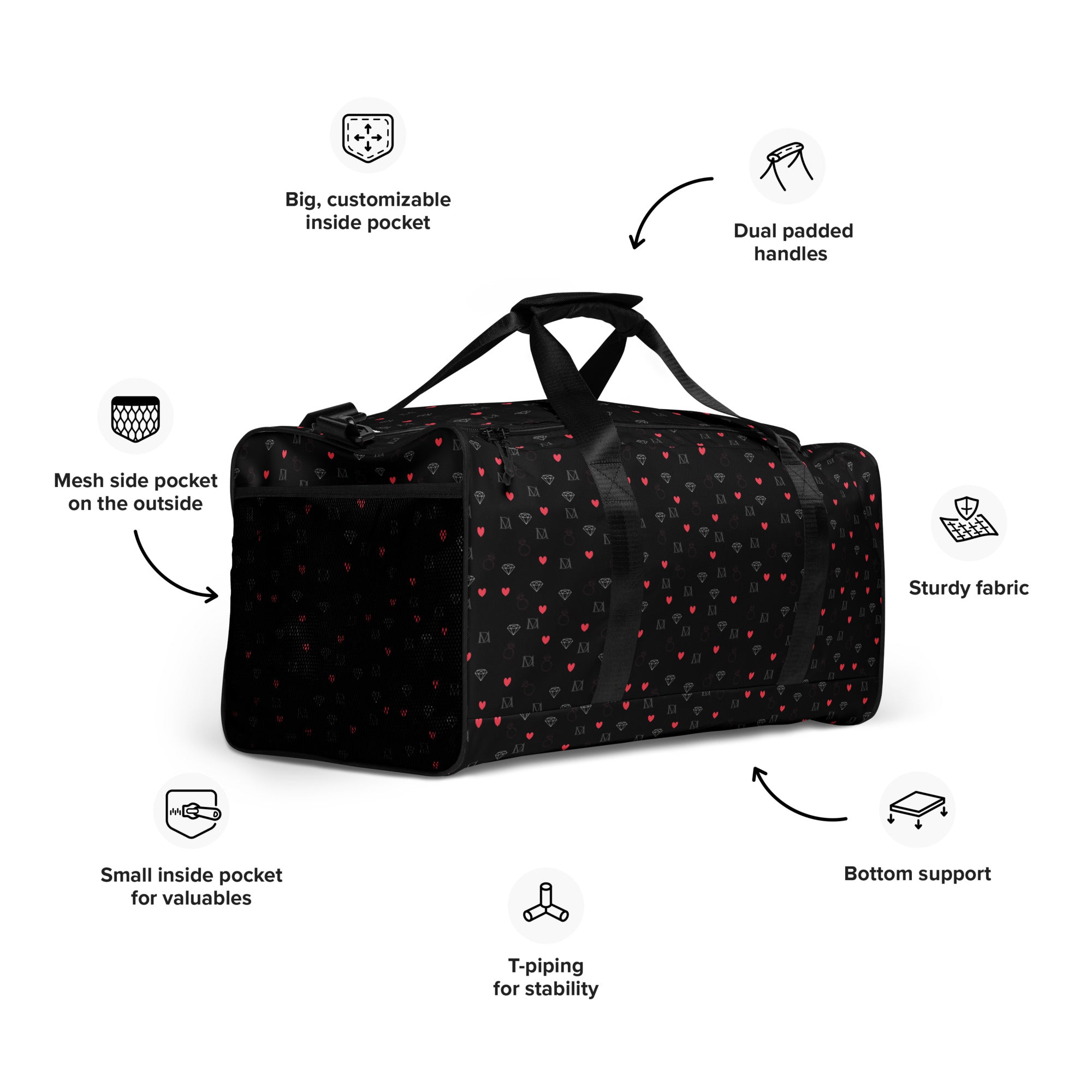 White Daemon Luxury Speckled Diamonds NEMESIS duffle bag with all-over print, showing right front view with black accents.