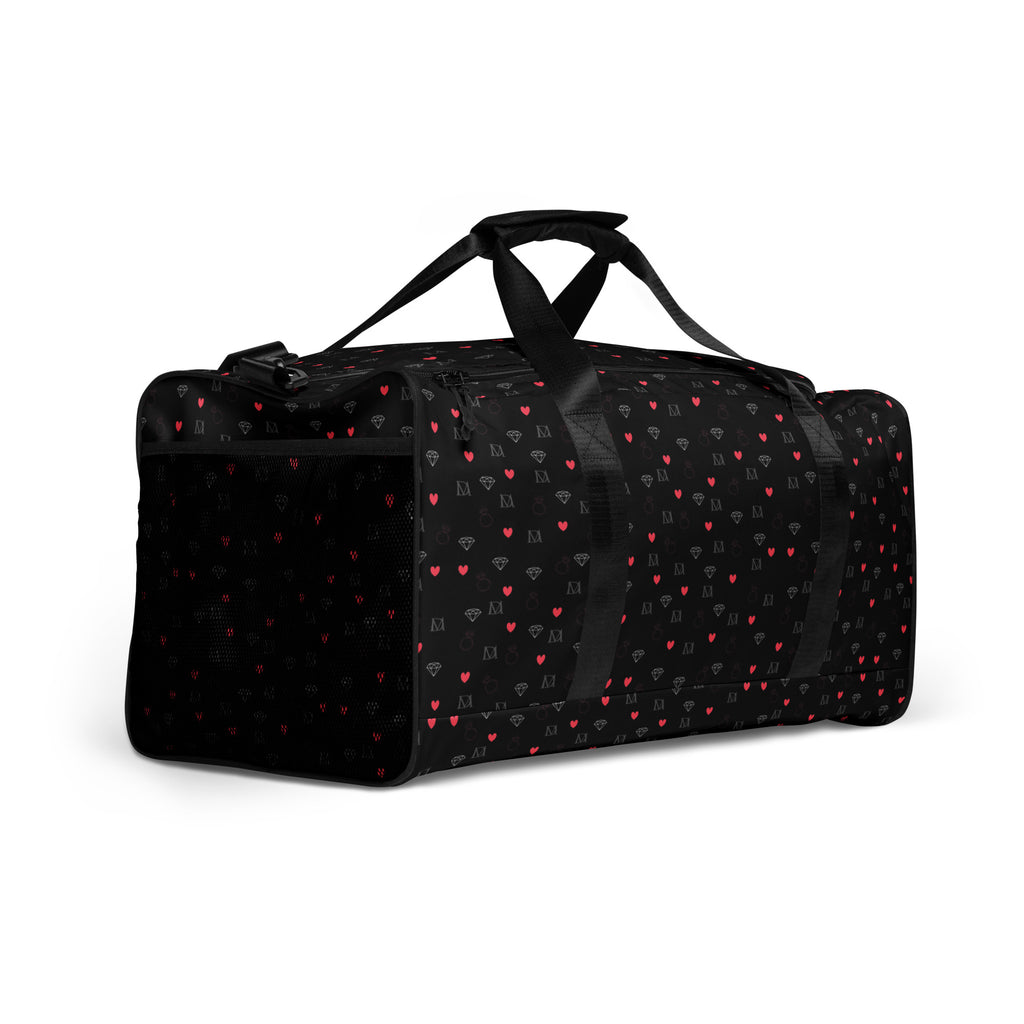 Daemon Luxury Speckled Diamonds NEMESIS duffle bag with all-over white print, right front view showcasing stylish design and spacious interior.