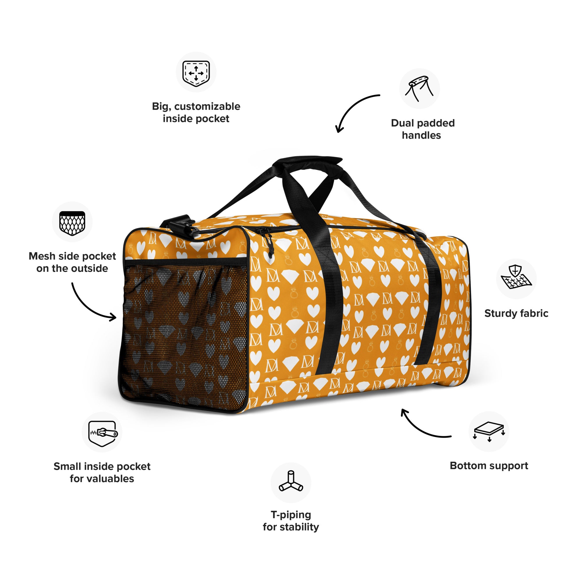 Daemon Luxury Frosted Diamonds Tarmin Honeybees all-over print duffle bag in white, right front view showing detailed design.