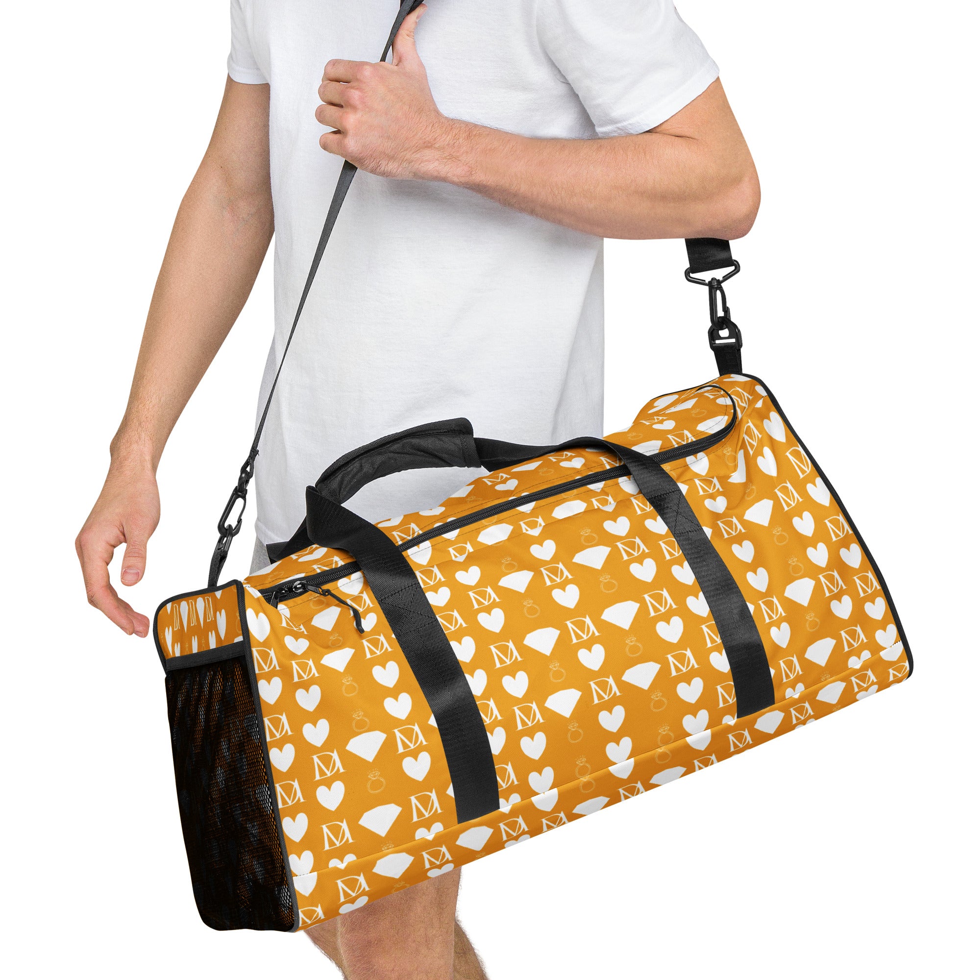 White Daemon Luxury Frosted Diamonds all-over-print duffle bag from the right front view showing detailed diamond pattern.