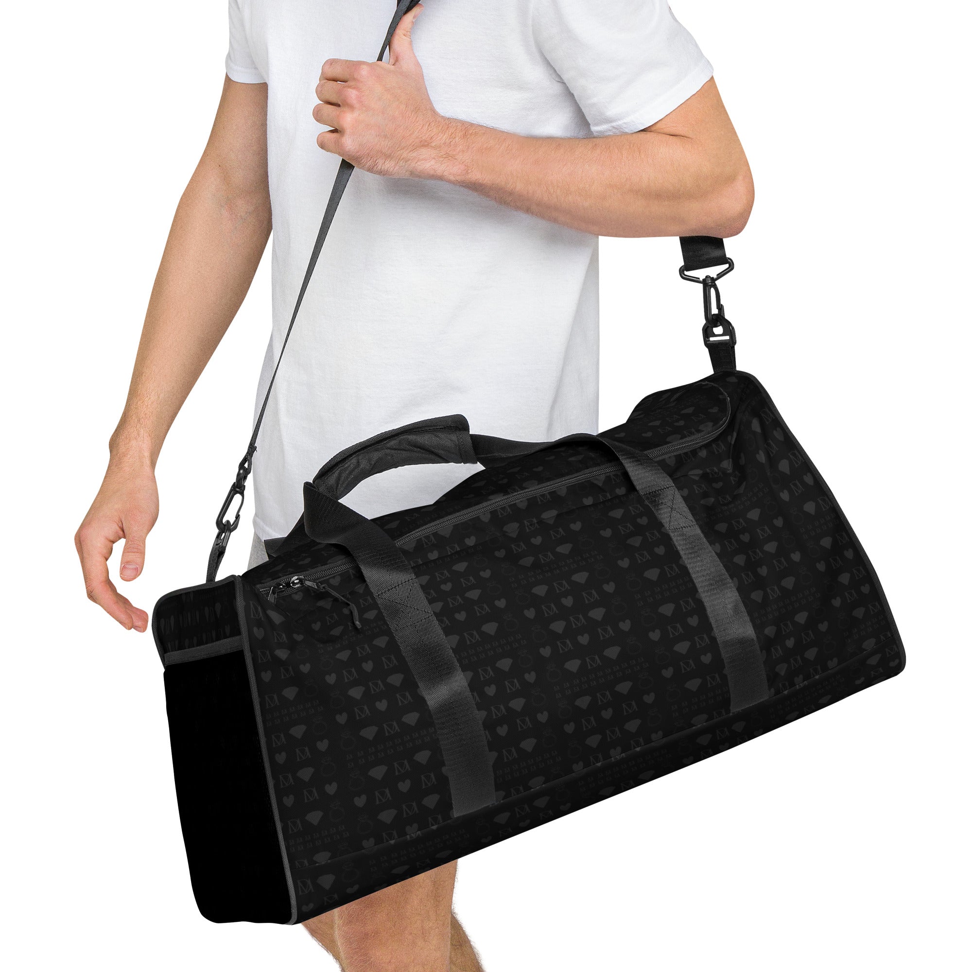 Daemon Luxury Frosted Diamonds platinum-colored all-over print duffle bag with white background, right front view.