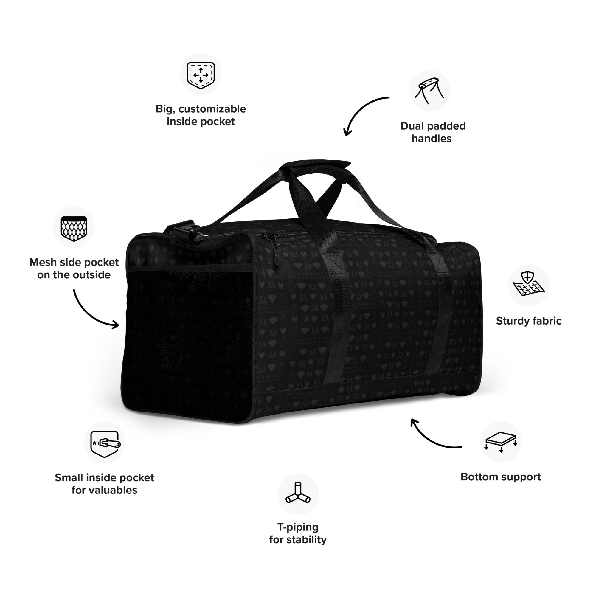 All-over-print white duffle bag featuring frosted diamond pattern in platinum dim by Daemon Luxury.