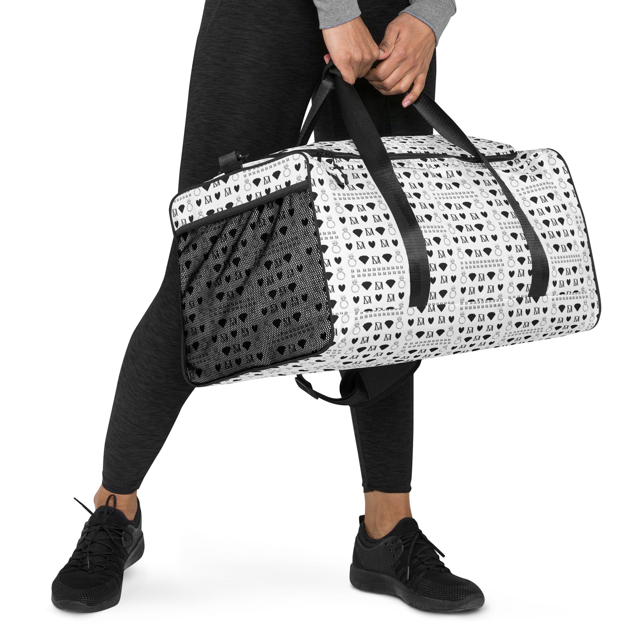 White Daemon Luxury Dim Diamonds Artica Nero duffle bag with all-over print, right front view showcasing stylish design.