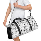 White Daemon Luxury Dim Diamonds Artica Nero duffle bag with all-over black diamond pattern, right front view.