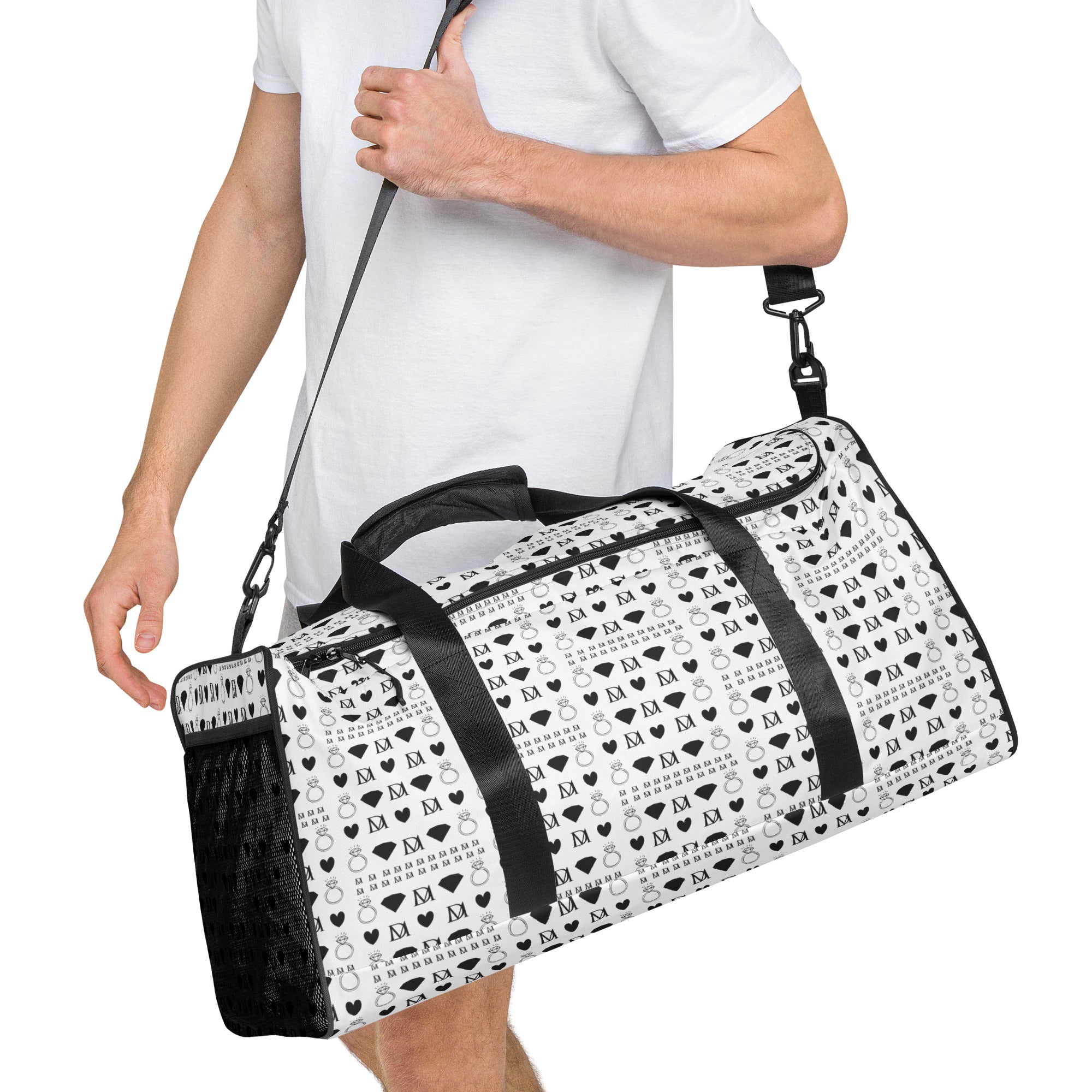 White Daemon Luxury Dim Diamonds Artica Nero duffle bag with all-over black diamond pattern, right front view.