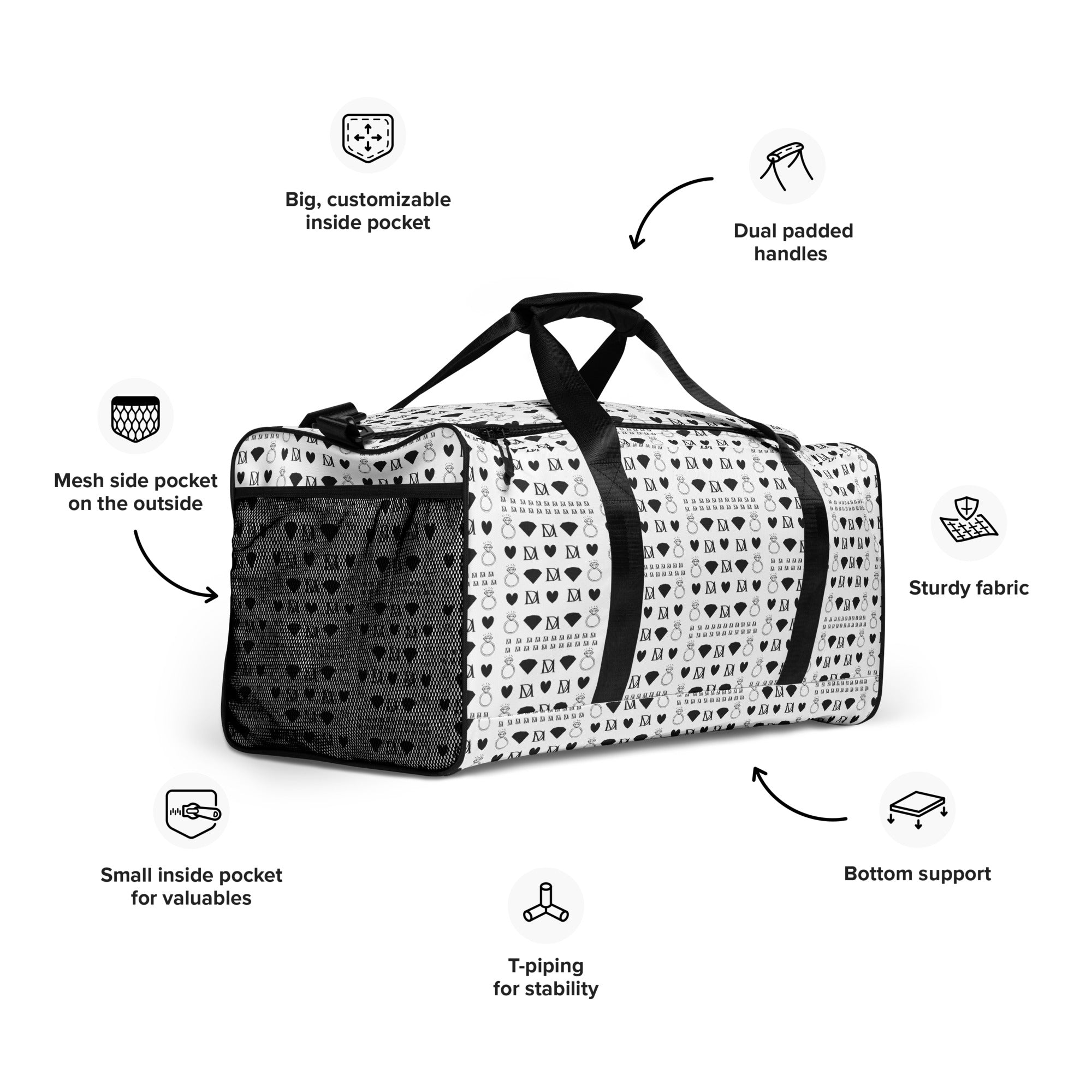 All-over-print white Daemon Luxury Dim Diamonds Artica Nero duffle bag shown from front right angle.