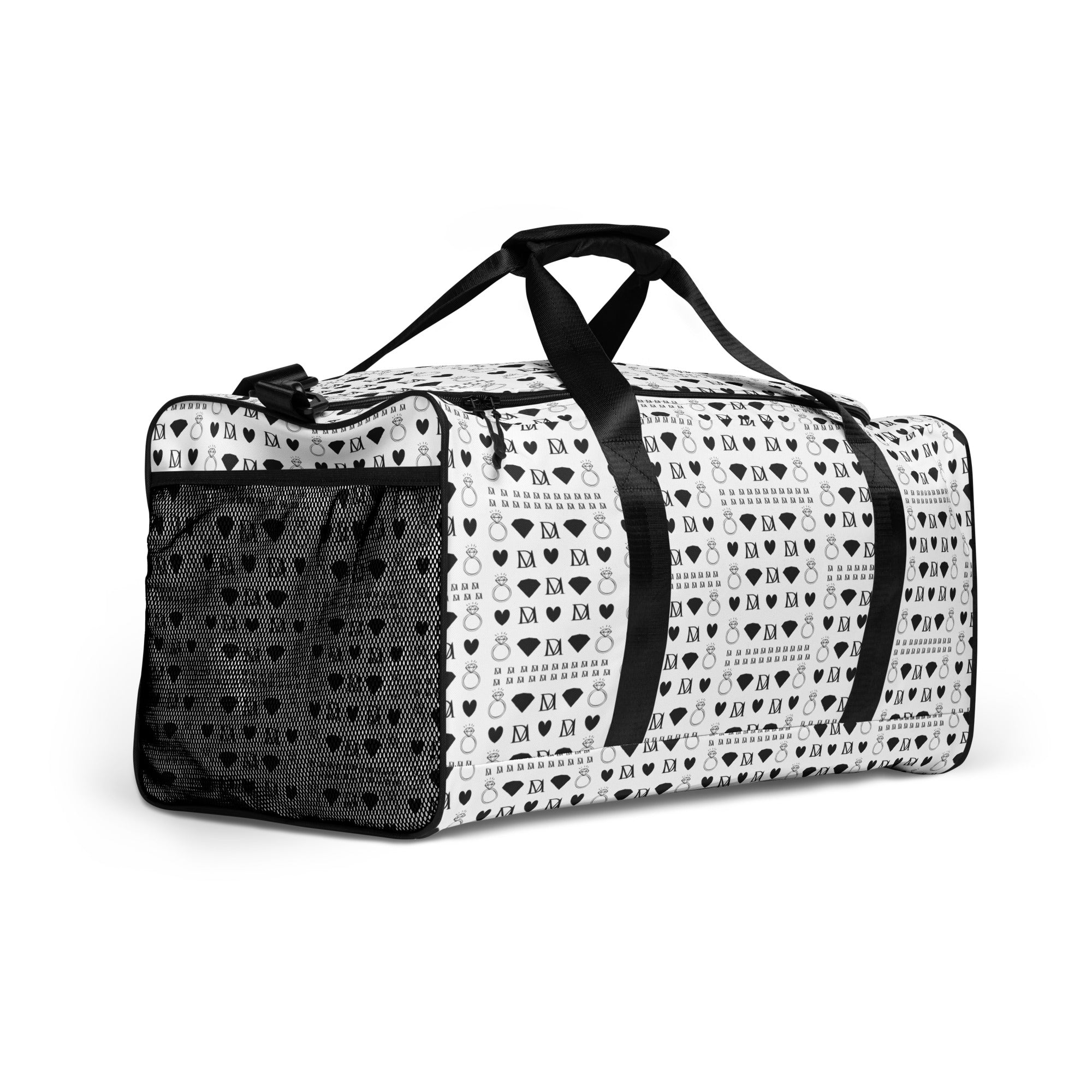 Daemon Luxury Dim Diamonds Artica Nero duffle bag with all-over black and white diamond print, right front view.
