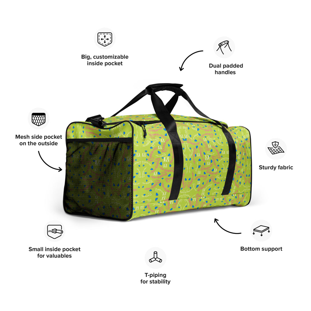 Daemon Luxury Picasso Mirrors Borsone duffle bag with all-over white print, front view showing sturdy handles and spacious design.