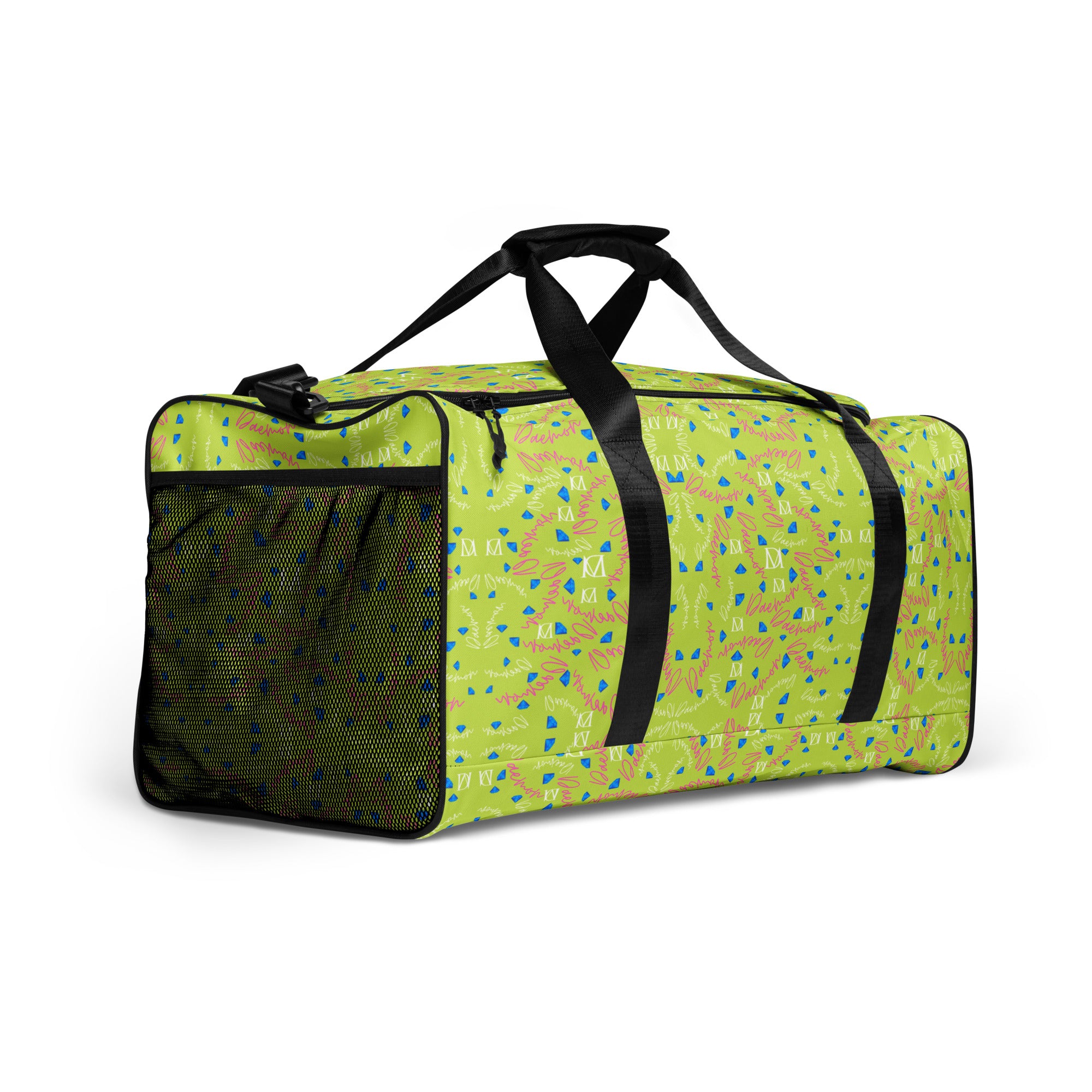 Daemon Luxury Picasso Mirrors Borsone duffle bag with all-over white print, showing the right front view of the stylish carryall.