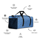 Daemon Luxury Speckled Diamonds Minno Harbor all-over-print duffle bag in white, front view showing detailed design and handles.