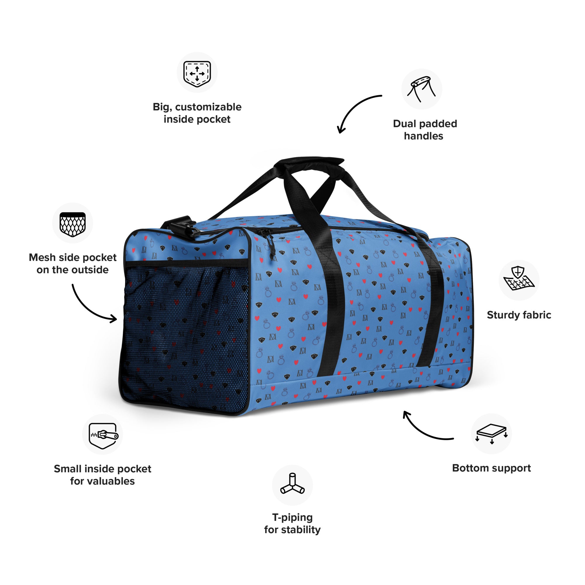Daemon Luxury Speckled Diamonds Minno Harbor all-over-print duffle bag in white, front view showing detailed design and handles.