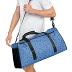 Daemon Luxury speckled diamonds all-over print duffle bag in white, showing right front view with detailed pattern.