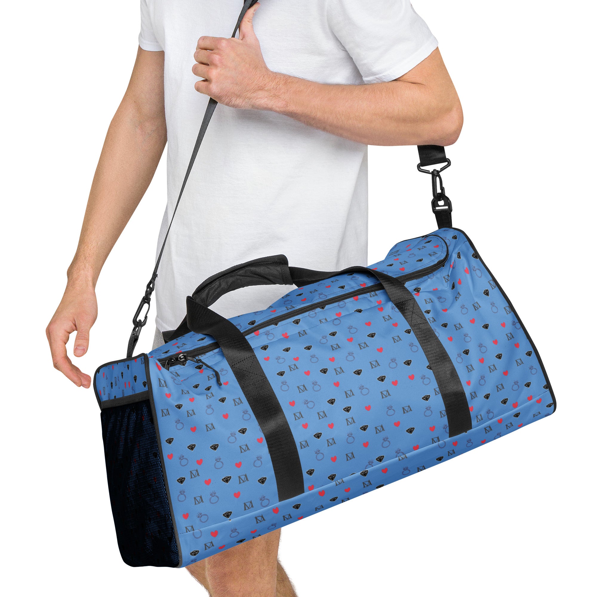 Daemon Luxury speckled diamonds all-over print duffle bag in white, showing right front view with detailed pattern.
