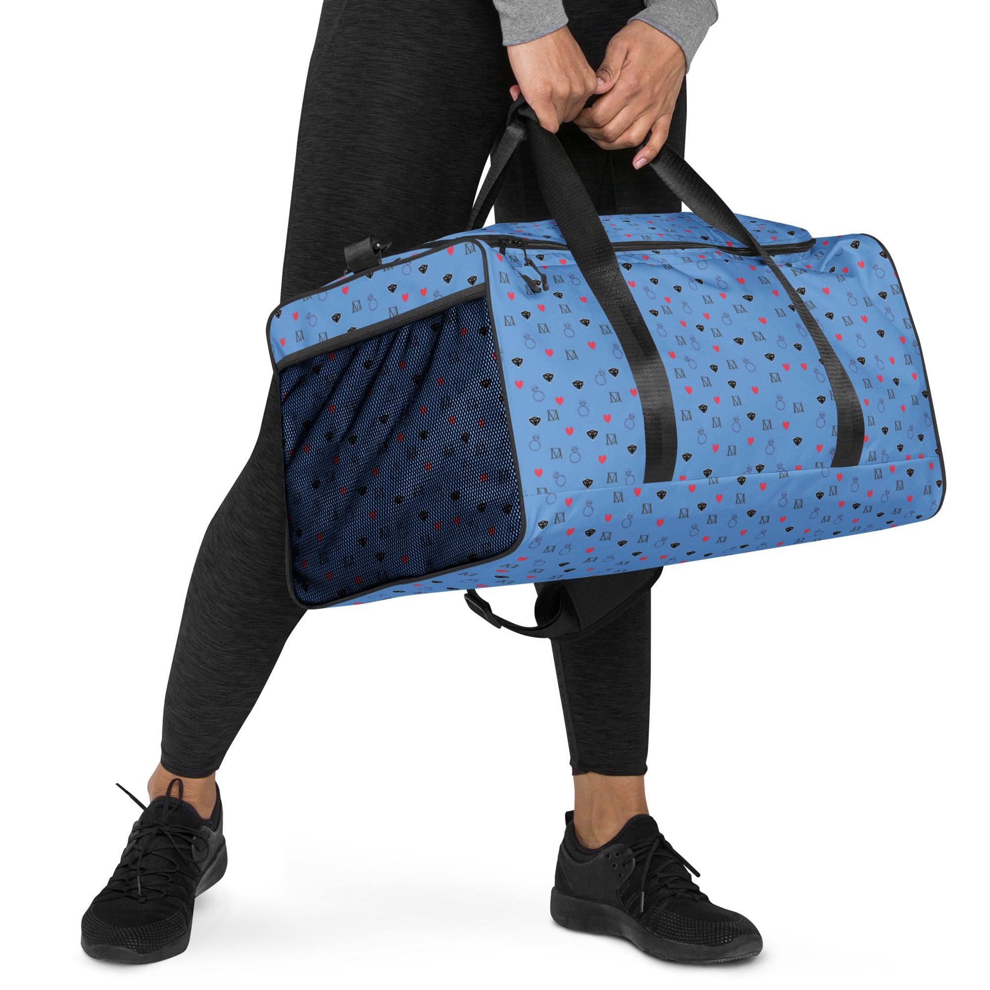 Daemon Luxury Speckled Diamonds Minno Harbor all-over-print duffle bag in white, showing front and side view with detailed pattern.