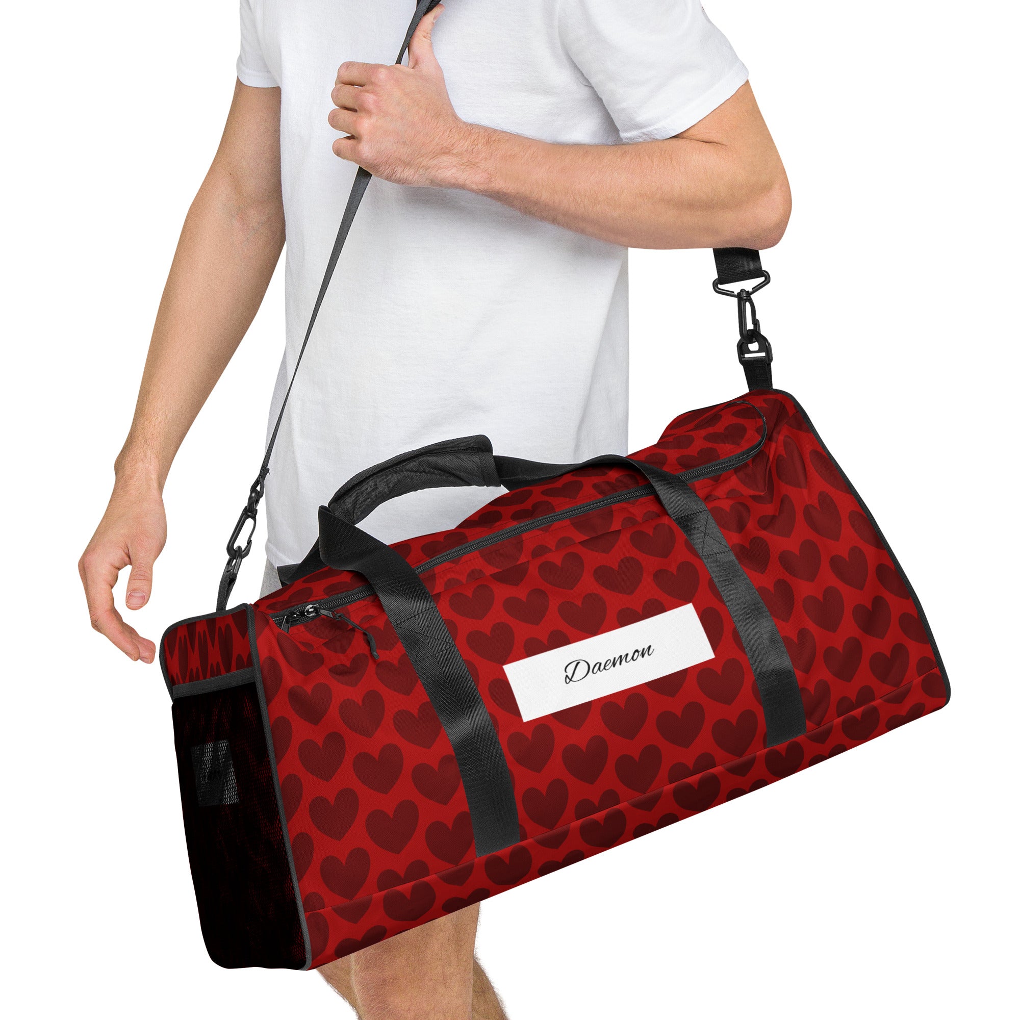 White Daemon Luxury Heartfelt Borsone duffle bag with all-over print, showing the right front view and detailed design.