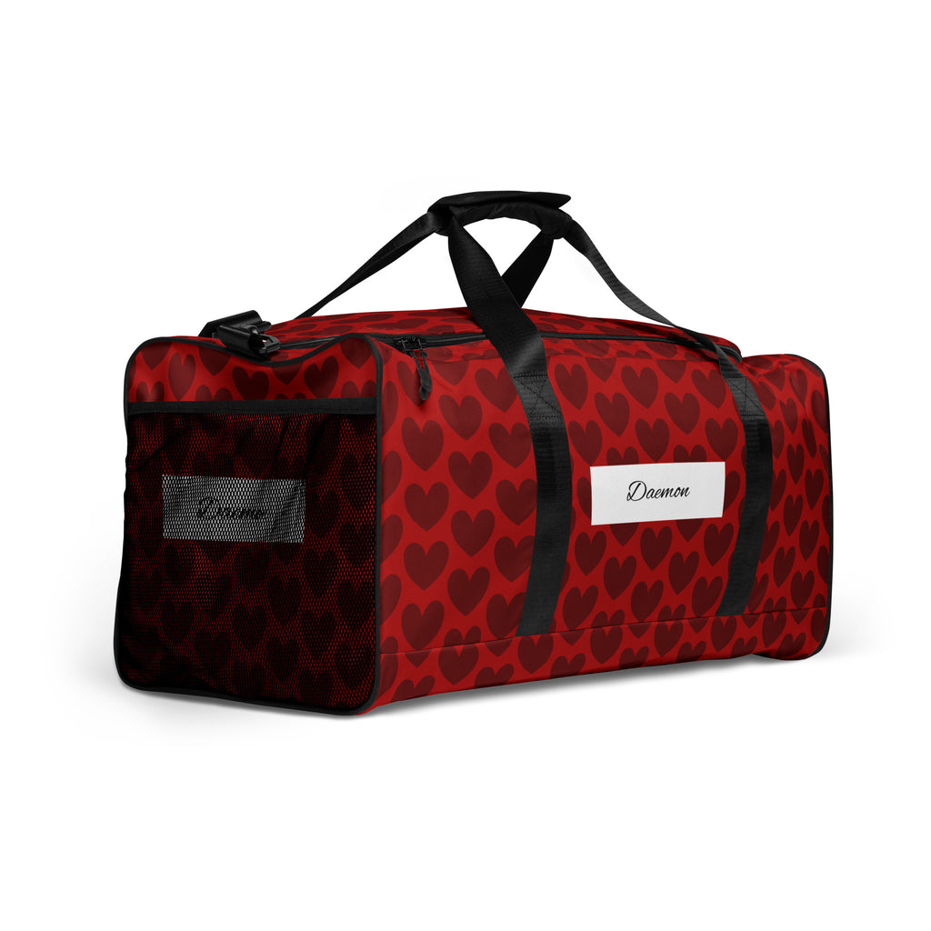 Daemon Luxury Heartfelt white label duffle bag with all-over print, right front view, showcasing spacious design and stylish details.