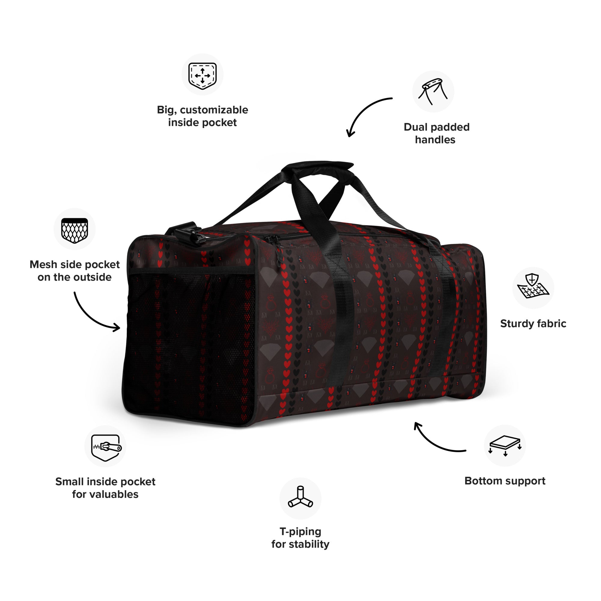 Daemon Luxury Supreme Models More Less Love white all-over-print duffle bag with sturdy handles and spacious interior.