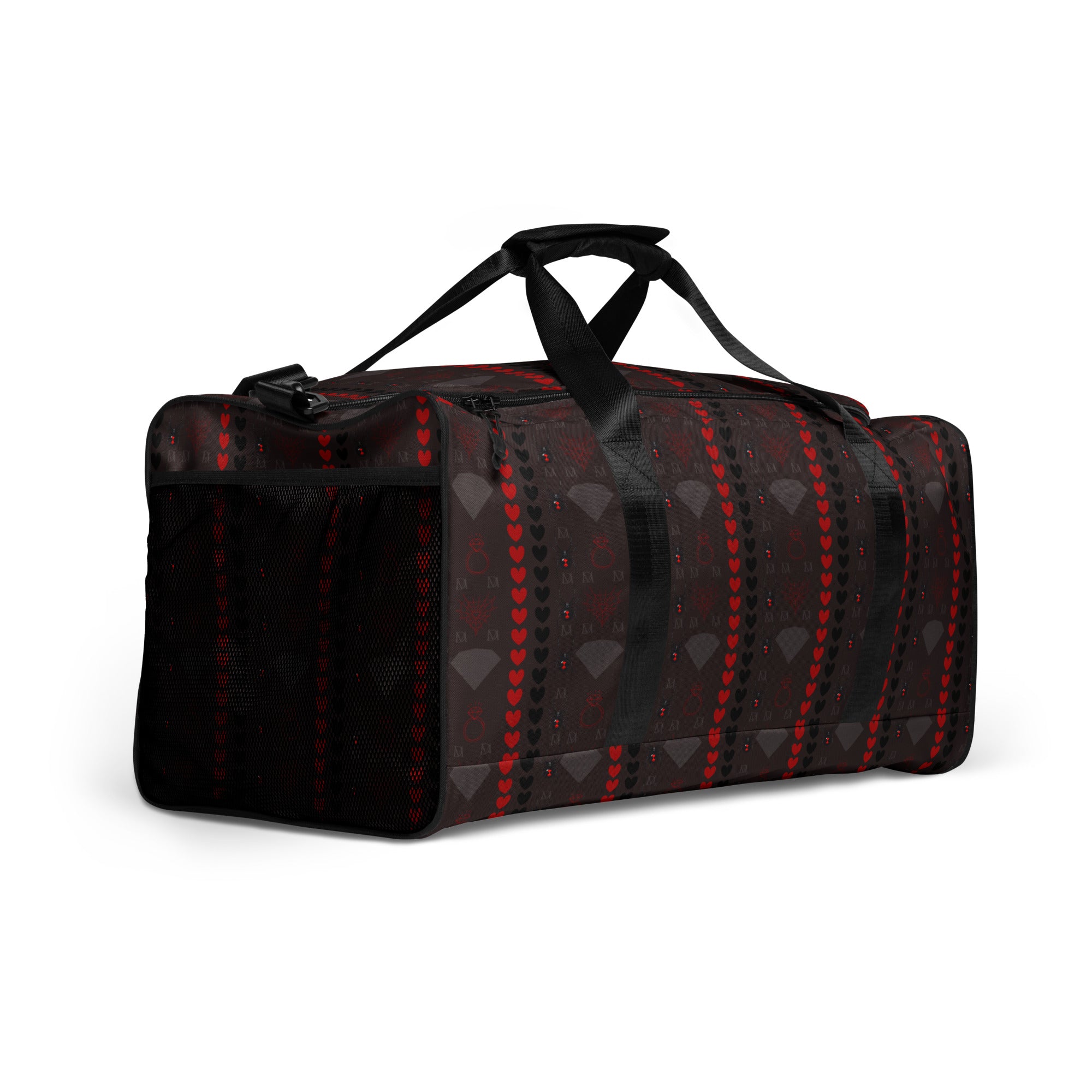 White Supreme Models More Less Love duffle bag by Daemon Luxury with all-over print and sturdy handles, front view.