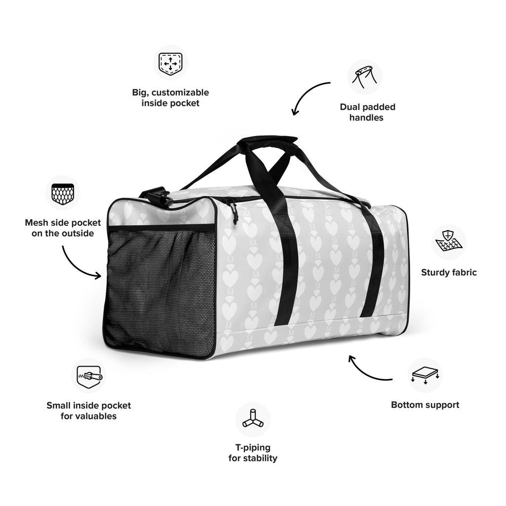 White Daemon Luxury Frosted Heartfelt sunless all-over-print duffle bag shown from the right front view.