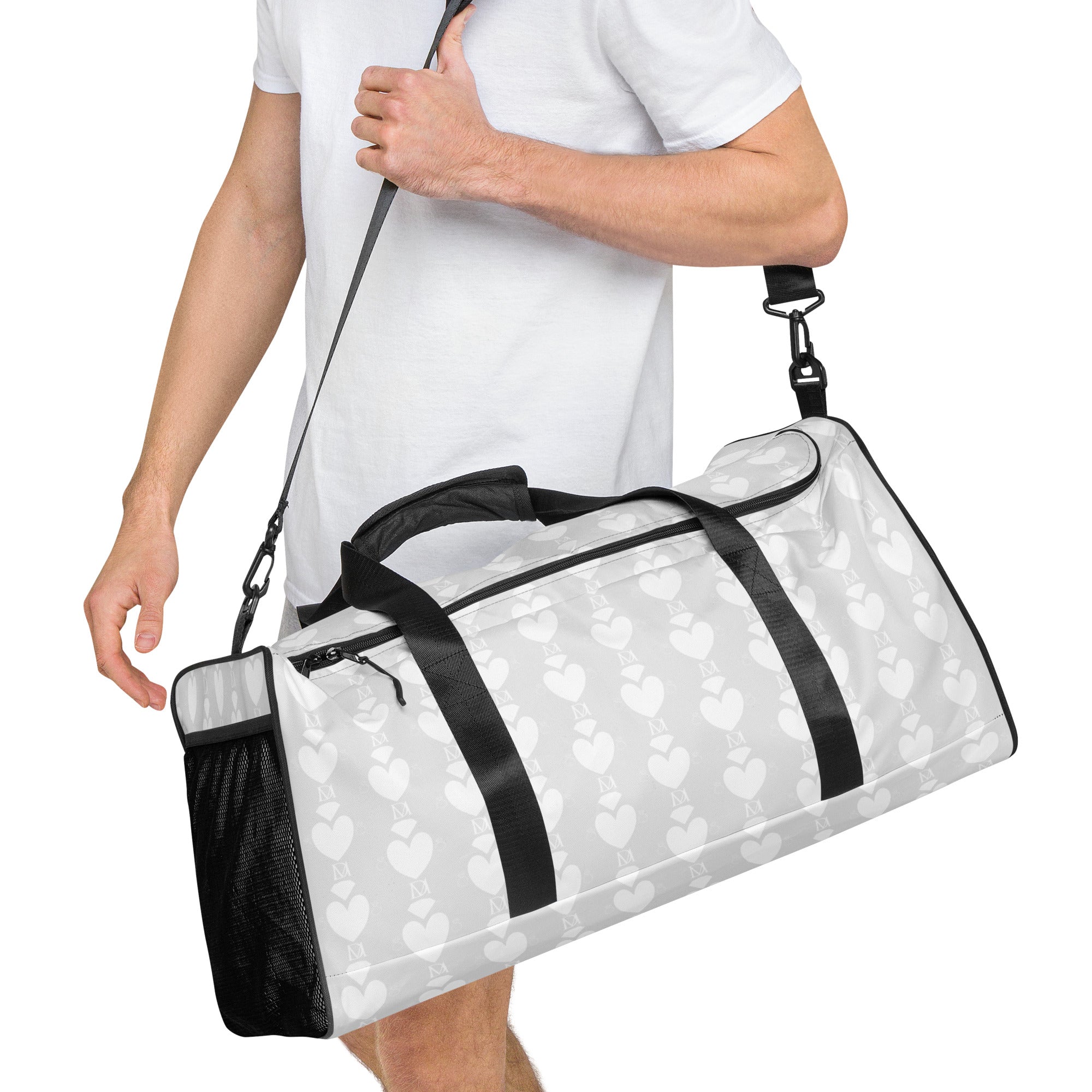 White Daemon Luxury Frosted Heartfelt sunless duffle bag with all-over print, showing the right front view.