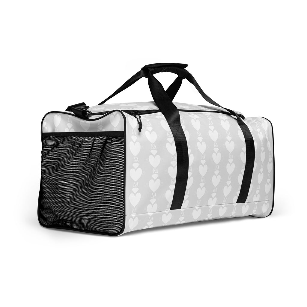 White all-over-print duffle bag featuring frosted heartfelt sunless design by Daemon Luxury, right front view.
