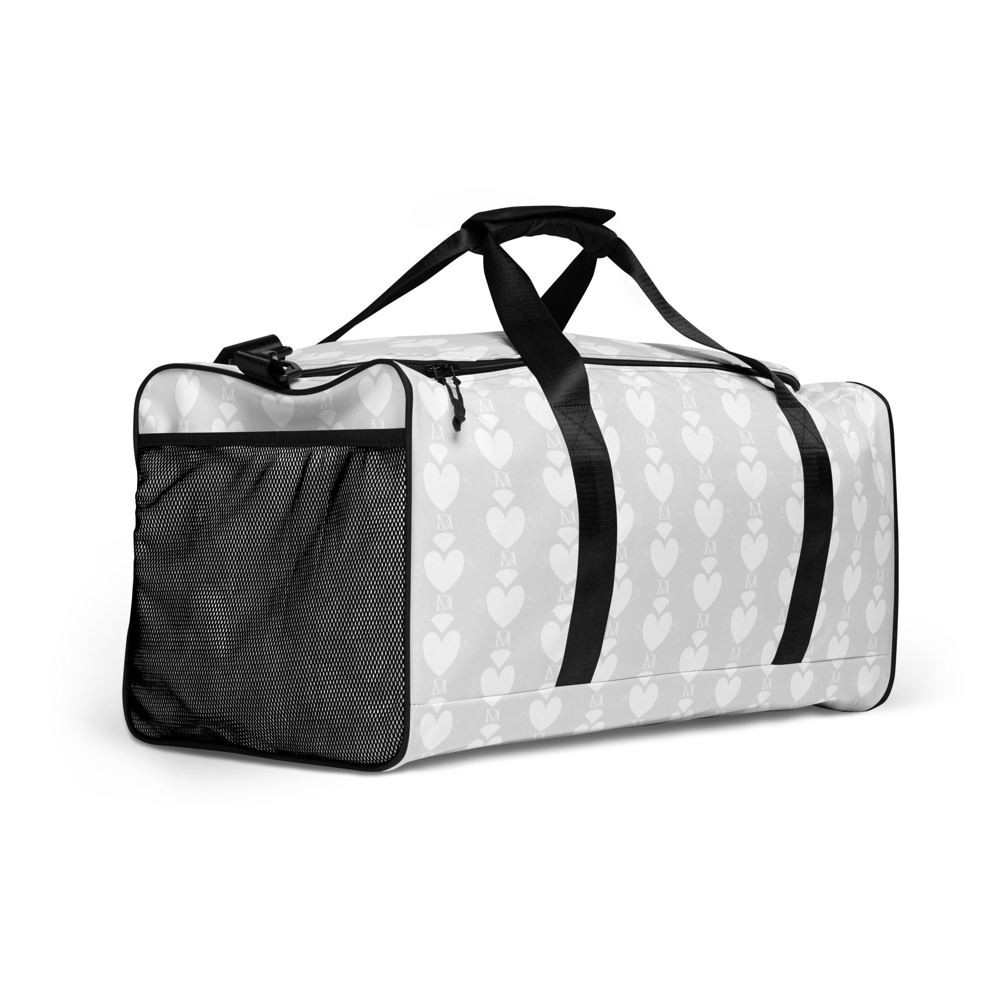 White all-over-print duffle bag featuring frosted heartfelt sunless design by Daemon Luxury, right front view.