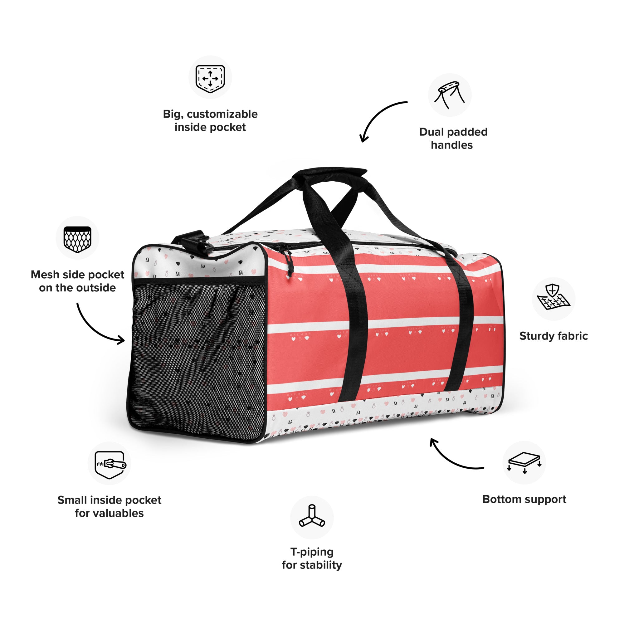 Daemon Luxury SACHI BANS Artica Blizzard duffle bag with all-over white print, right front view showing detailed design.