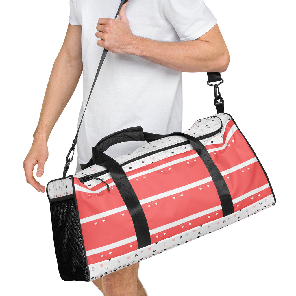 White SACHI BANS Artica Blizzard duffle bag by Daemon Luxury, all-over print with front pocket and sturdy handles.
