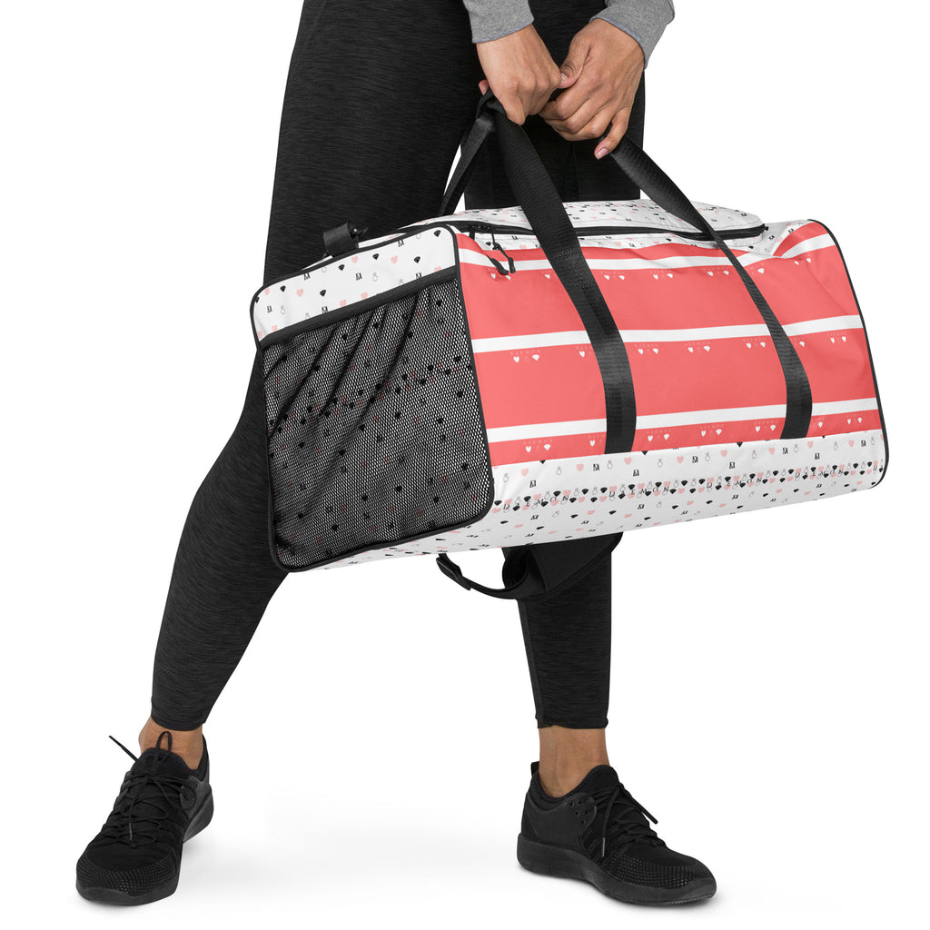 Daemon Luxury SACHI BANS Artica Blizzard duffle bag with all-over white print, right front view, featuring stylish design and durable fabric.