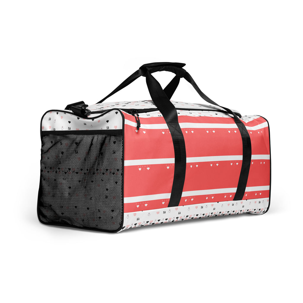 White Daemon Luxury SACHI BANS Artica Blizzard duffle bag with all-over print, shown from the right front angle.
