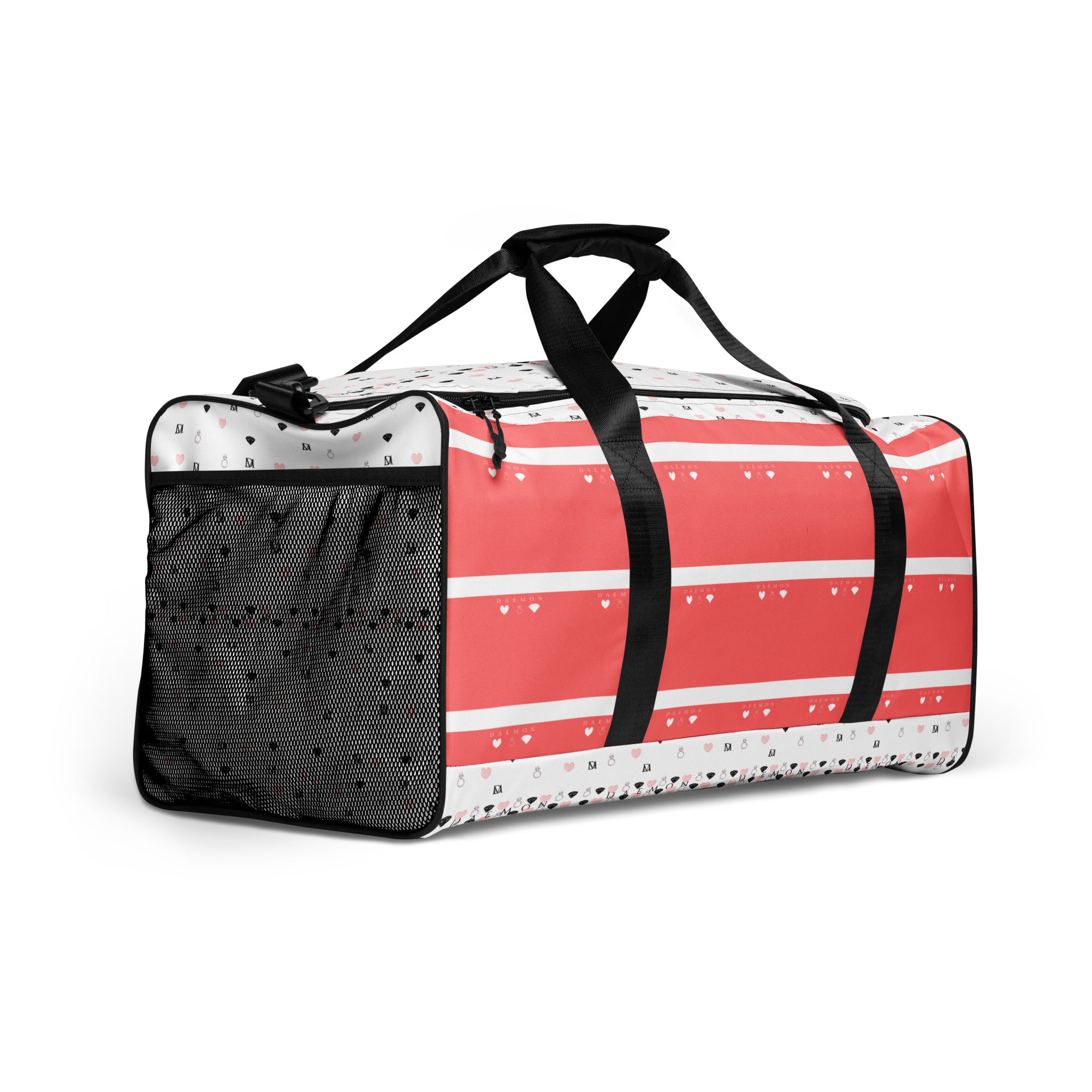 White Daemon Luxury SACHI BANS Artica Blizzard duffle bag with all-over print, shown from the right front angle.