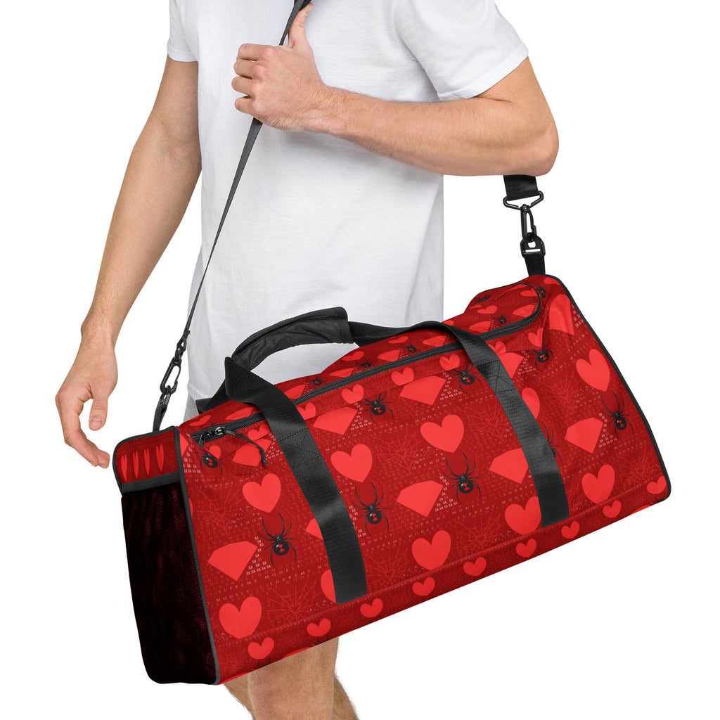 White Supreme Models "Foreigners Luv" Borsone duffle bag by Daemon Luxury, with all-over print design visible from the front right.