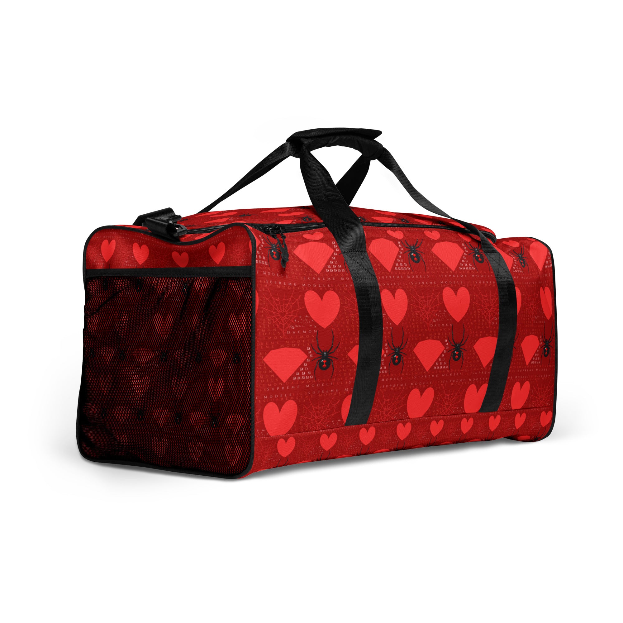 Daemon Luxury Supreme Models Foreigners Luv borsone duffle bag with all-over print, white with front view and detailed design.