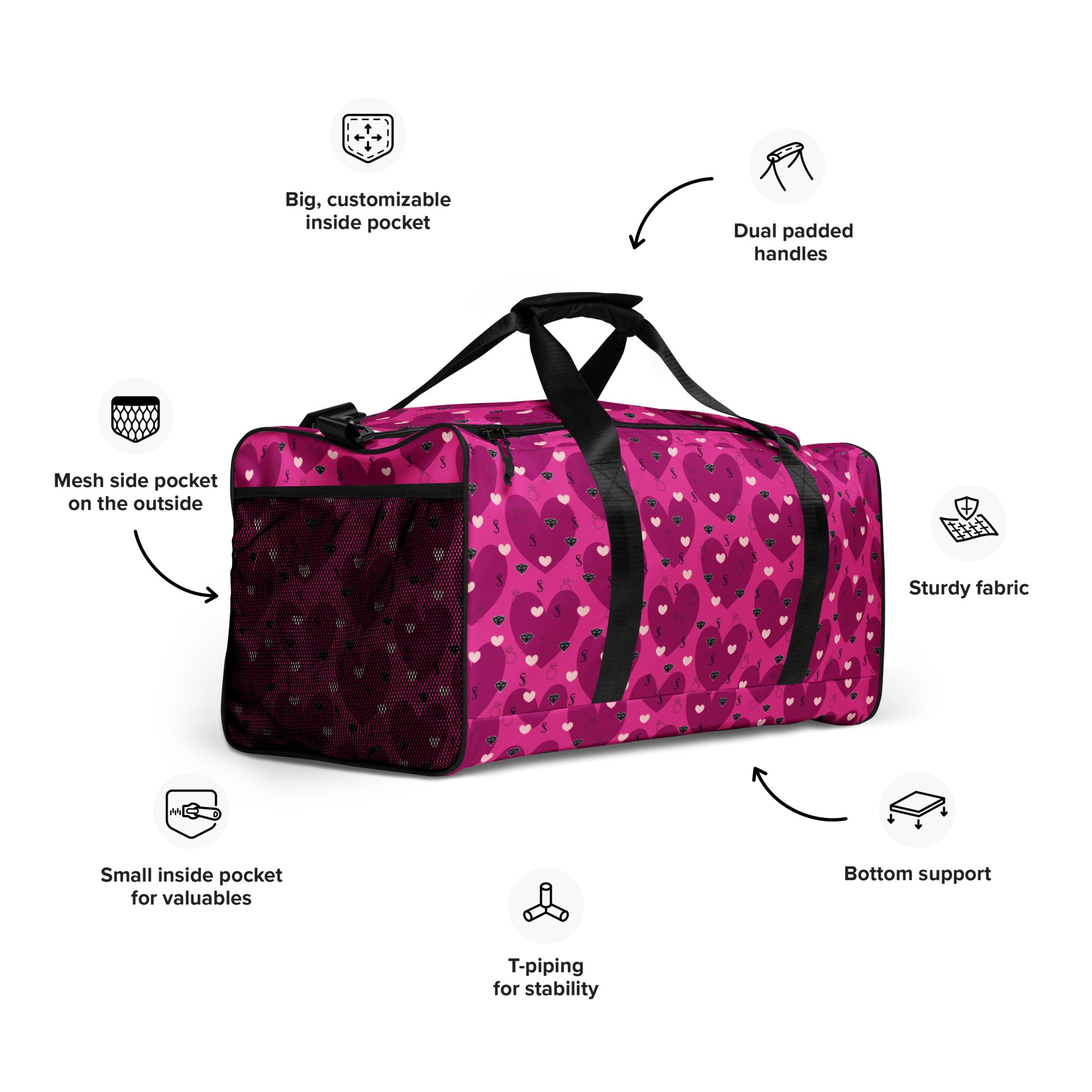 White Daemon Luxury Heartfelt STF Little Magenta duffle bag with all-over print, showing the right front side.