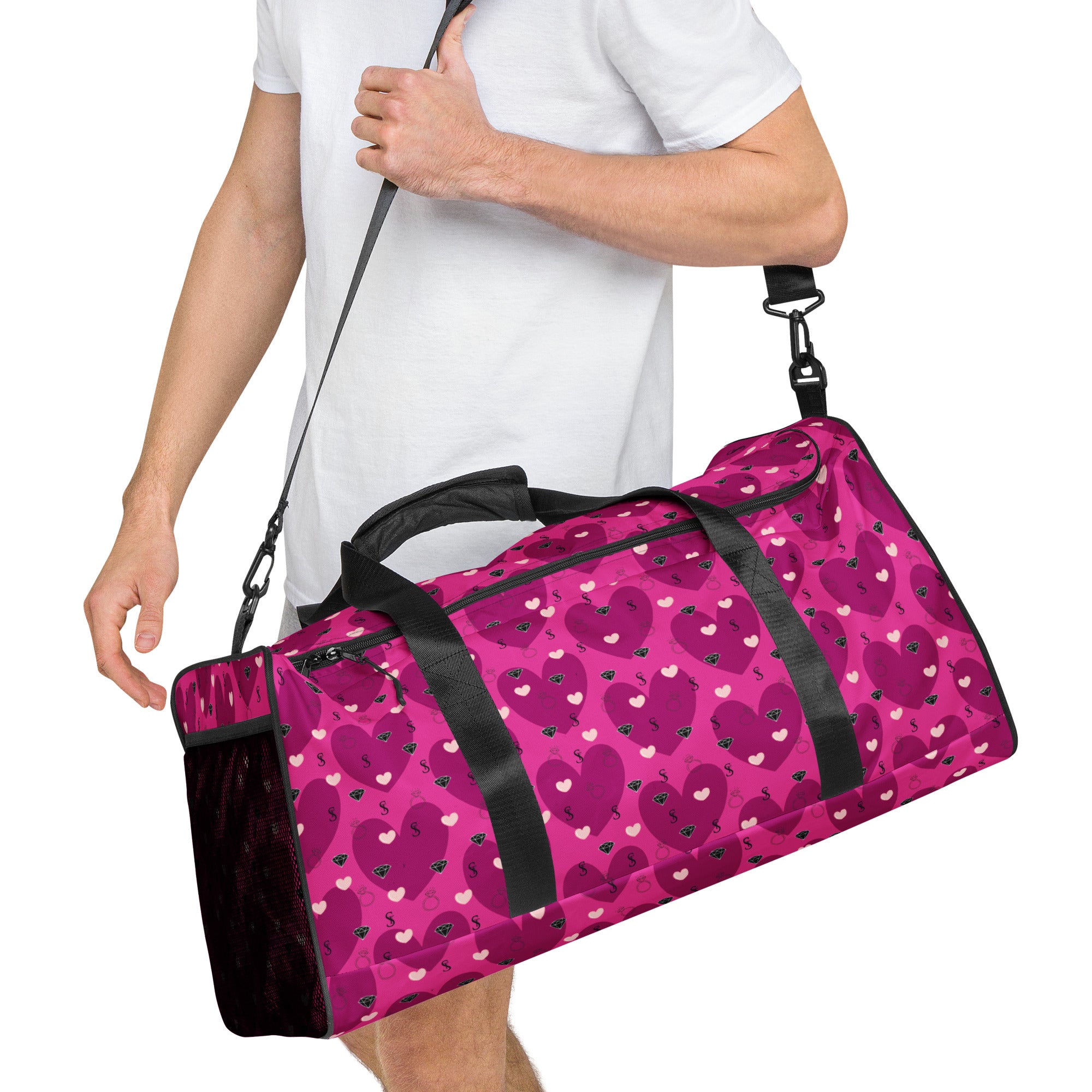 White Heartfelt STF Little Magenta Borsone duffle bag by Daemon Luxury with all-over print, right front view.