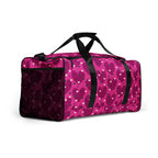 Daemon Luxury Heartfelt STF Little Magenta duffle bag with all-over print, white fabric, right front view.