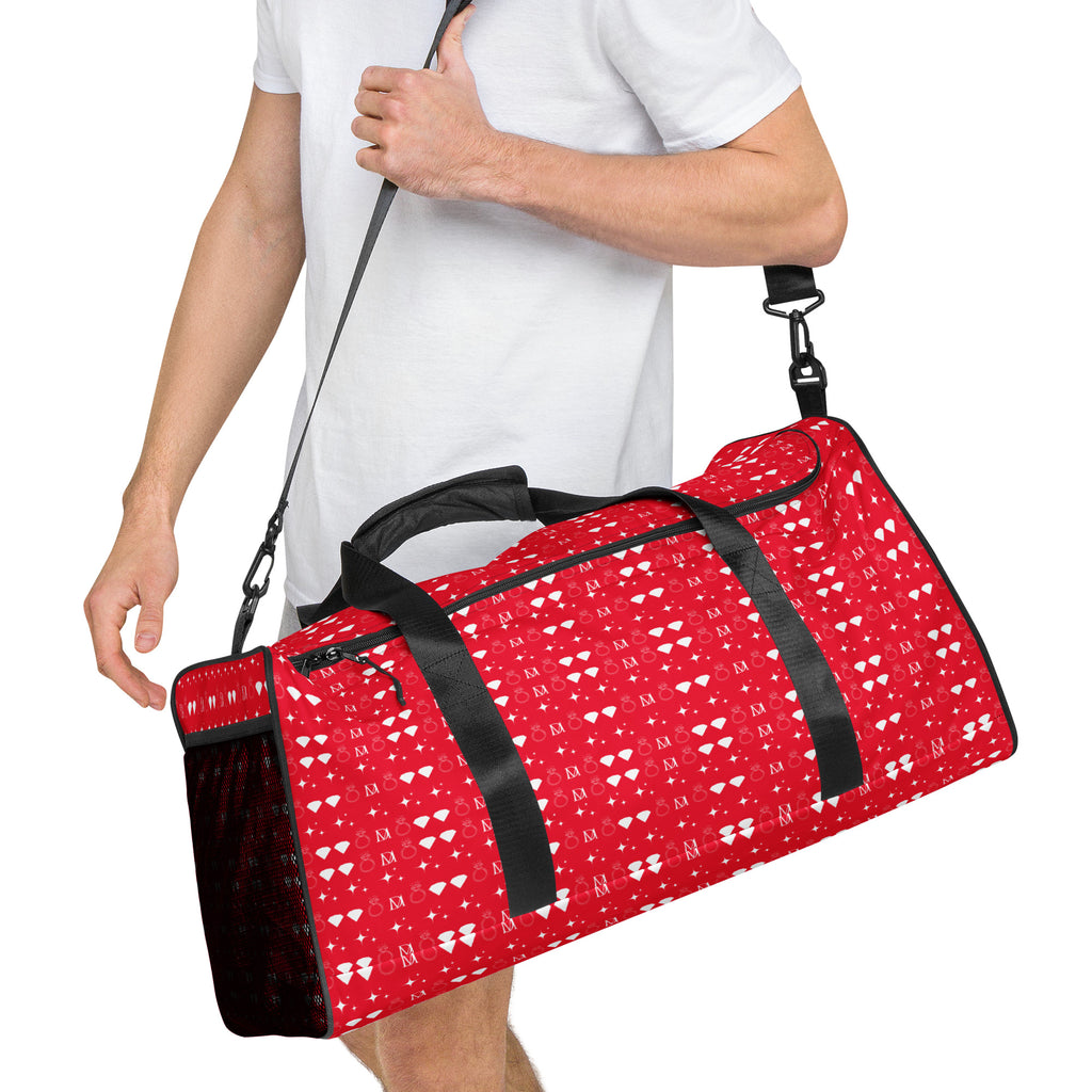 All-over print white duffle bag featuring frosted diamond (Venus) design by Daemon Luxury, showing the right front view.