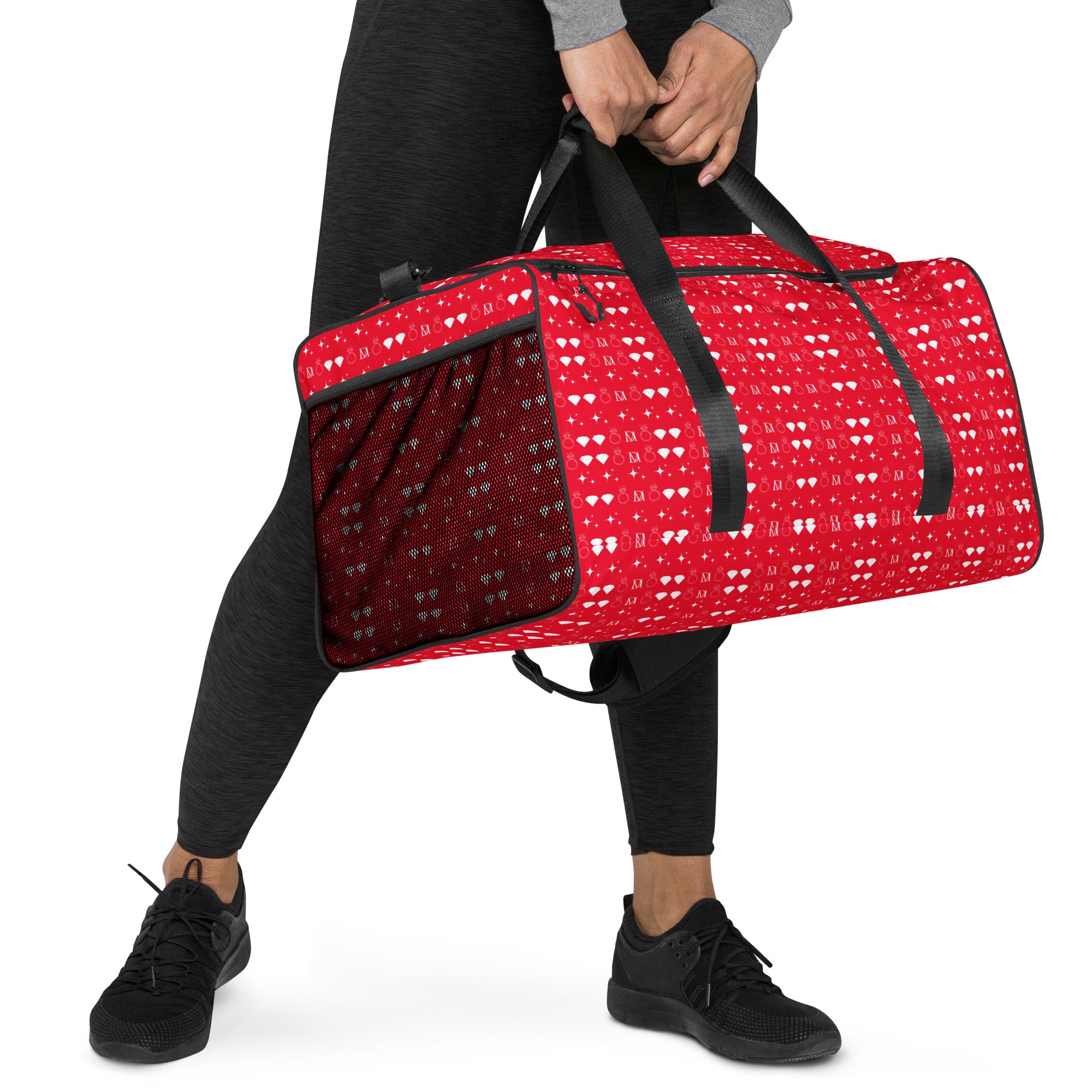 White Daemon Luxury Frosted Diamonds Venus duffle bag with all-over print, right front view showing stylish design and spacious interior.