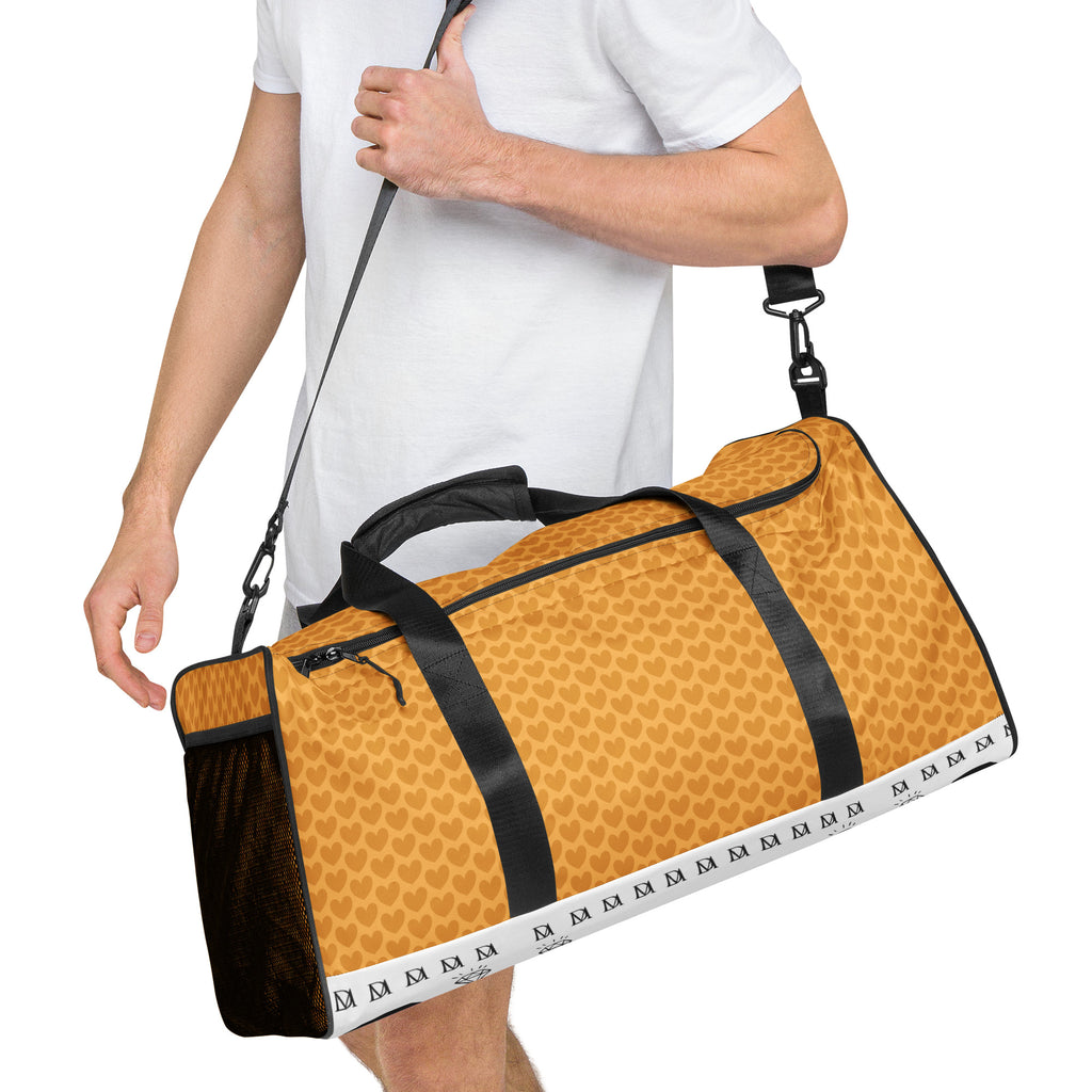 Heartfelt Artica Blizzard Lucciole Falo duffle bag by Daemon Luxury with all-over white print, right front view.