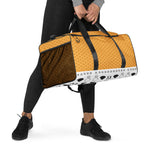 Daemon Luxury Heartfelt Artica Blizzard duffle bag with all-over white print, featuring intricate design and sturdy handles.
