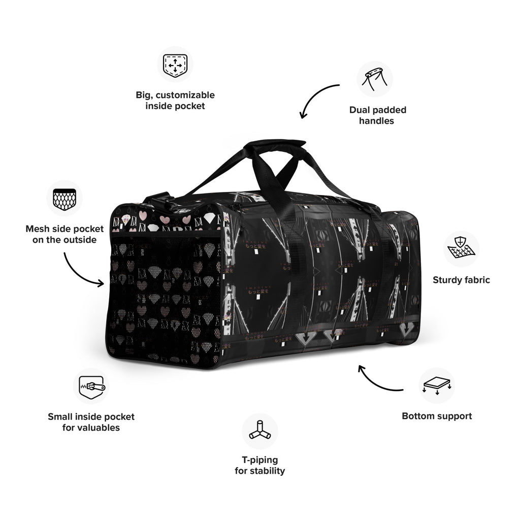 Daemon Luxury Southgate Treasured Borsone duffle bag with all-over white print, right front view showcasing spacious design.