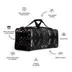 Daemon Luxury Southgate Treasured Borsone duffle bag with all-over white print, right front view showcasing spacious design.