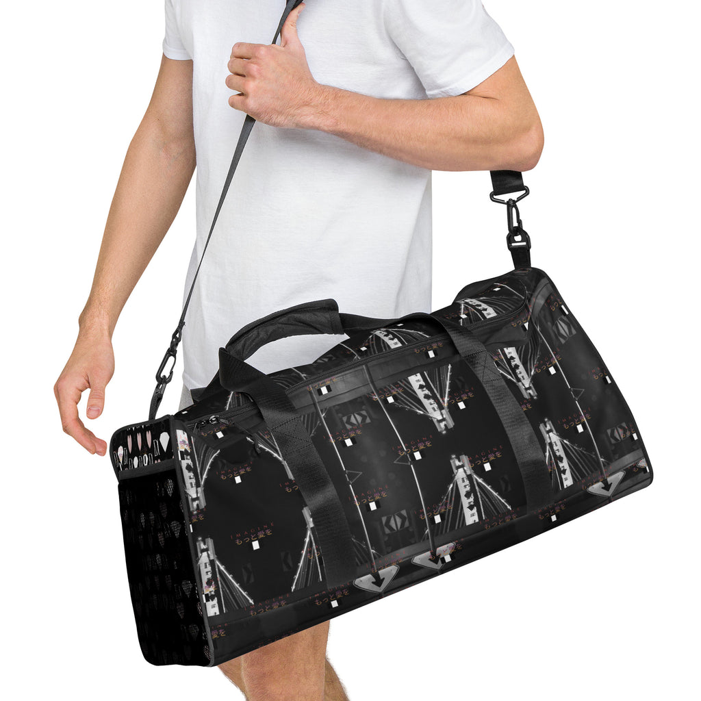 White Southgate Treasured Borsone duffle bag by Daemon Luxury with all-over print, showing the right front view.