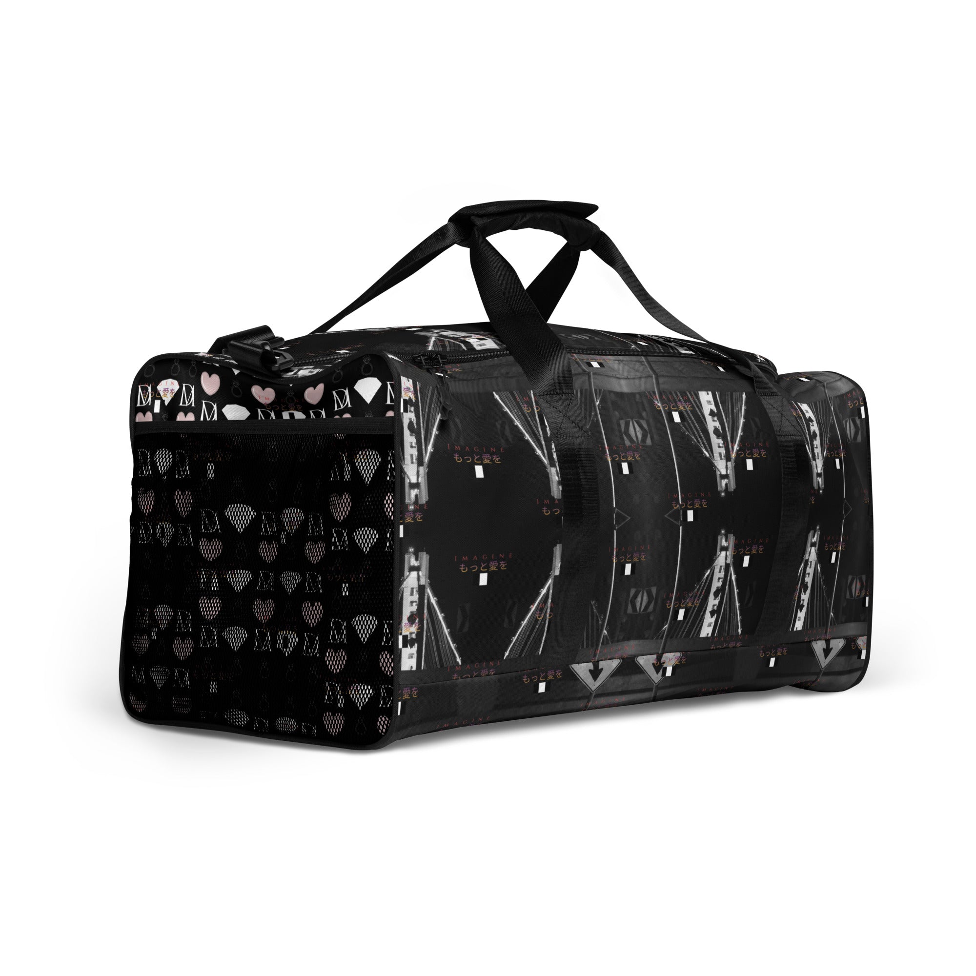 Daemon Luxury Southgate Treasured Borsone duffle bag with all-over white print, showing the right front view.