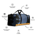 Daemon Luxury Crescent City Tarmin Honeybees all-over-print duffle bag, white background, right front view showing detailed design.