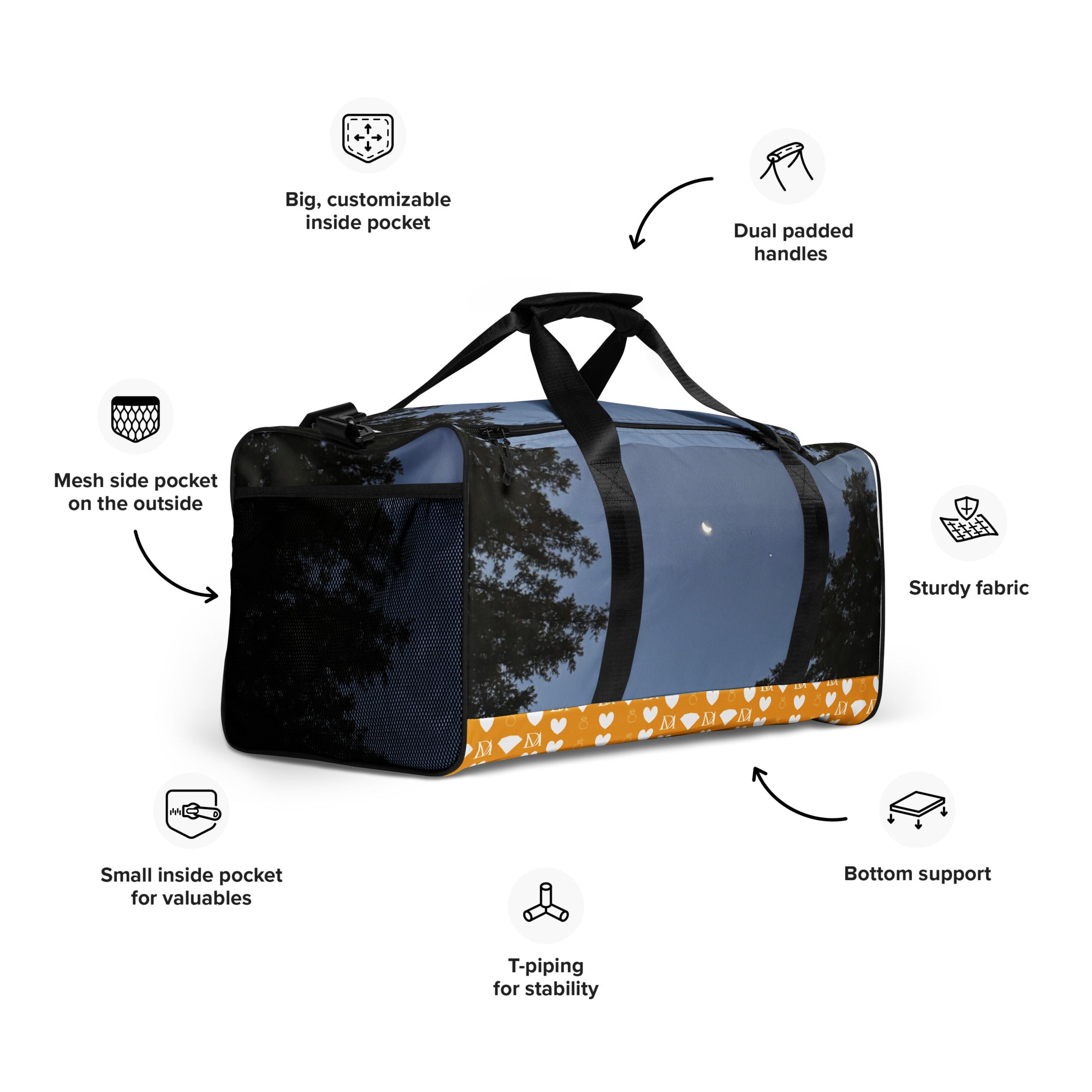 Daemon Luxury Crescent City Tarmin Honeybees all-over-print duffle bag, white background, right front view showing detailed design.