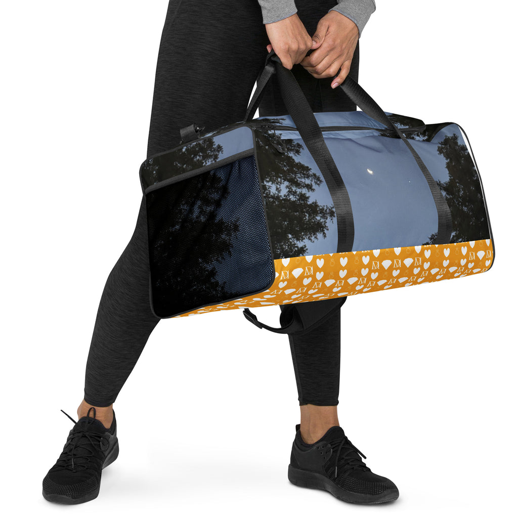 Daemon Luxury Crescent City Borsone duffle bag with all-over white print and front pocket, ideal for travel or gym use.