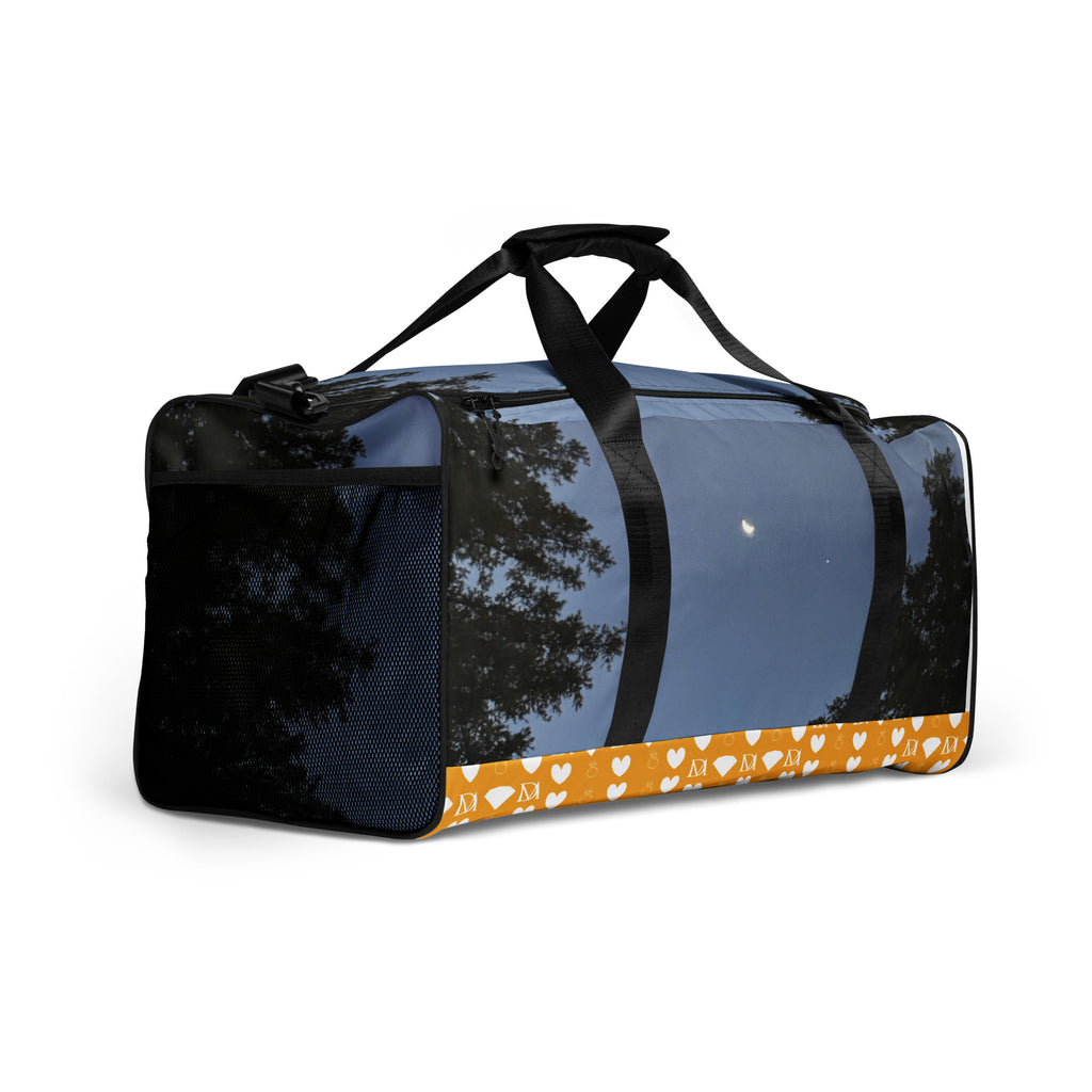 Daemon Luxury Crescent City Tarmin Honeybees all-over-print duffle bag in white, showing right front view with detailed design.