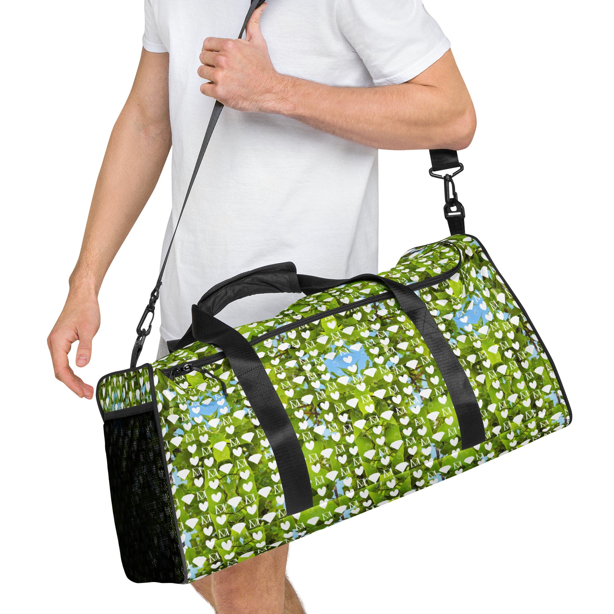 Daemon Luxury Belly Red’s Garden (Rebirth) borsone duffle bag with all-over white print, right front view
