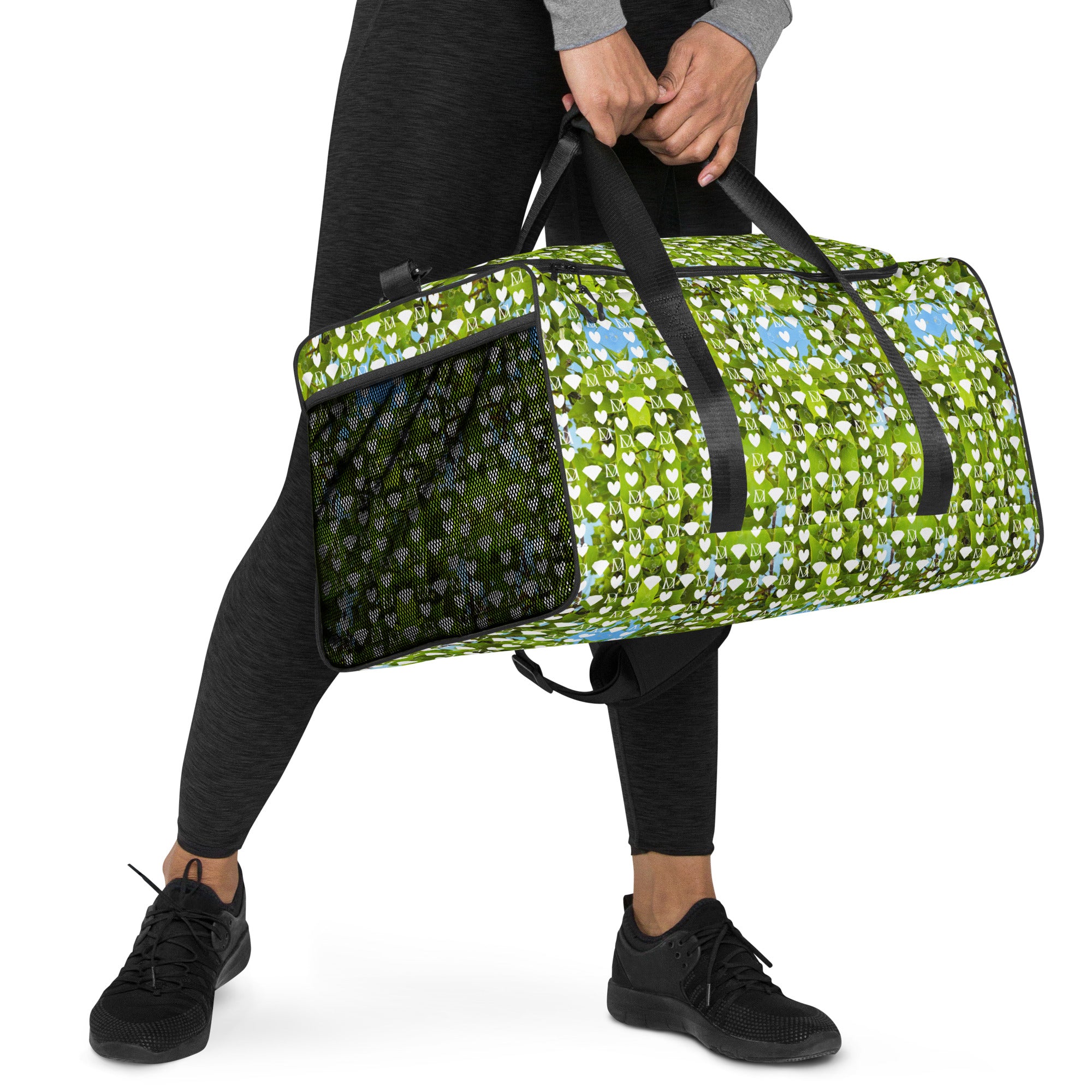 Daemon Luxury Belly Red’s Garden (Rebirth) duffle bag with all-over-print design, white background, right front view.